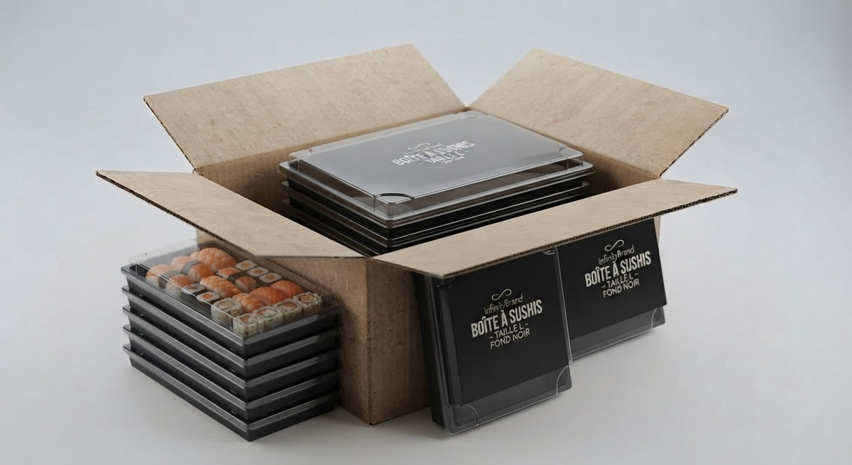 Boîte plastique fond noir couvercle transparent (Sushis) - L - Lots de 100/250/500 unités